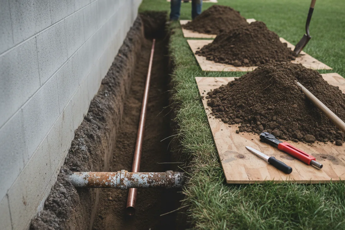 Excavated water line trench during Sewer Line Repair in Holbrook